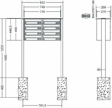 RENZ Briefkastenanlage freistehend, Basic B, Edelstahl V4A, Kastenformat 370x110x270mm, 8-teilig, zum Einbetonieren